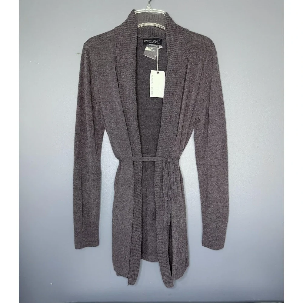 Barefoot Dreams CozyChic Ultra Lite Cardigan Sweater Womens M Gray Belted Long
